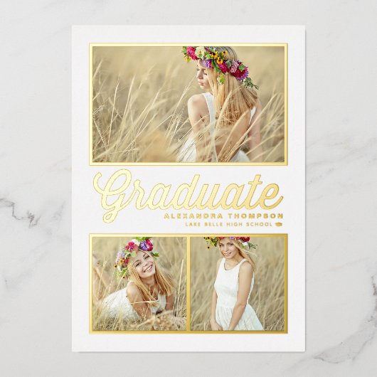 Retro kalligrafie fotocollage Afstuderen Folie Uitnodiging (Voorkant)