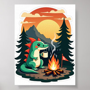 Retro Kamperen Axolotl Kampvuur Grove Boom Wildern Poster