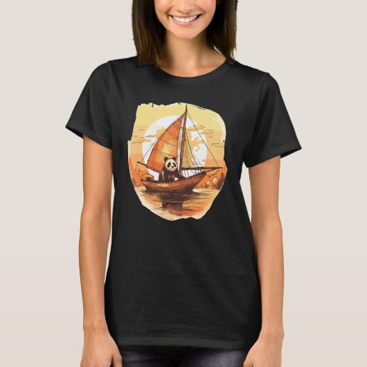 Retro Kapitein Panda Zomer Zeilboot T-shirt (Voorkant)