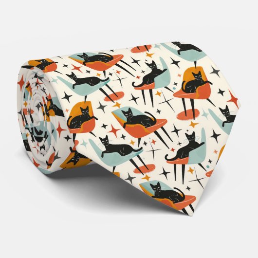 Retro Kat 50s Grafische Aangepaste Stropdas (Opgerold)