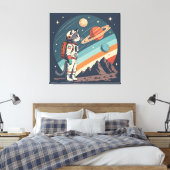 Retro kat astronaut kosmische ruimte illustratie canvas afdruk (Insitu (Slaapkamer))