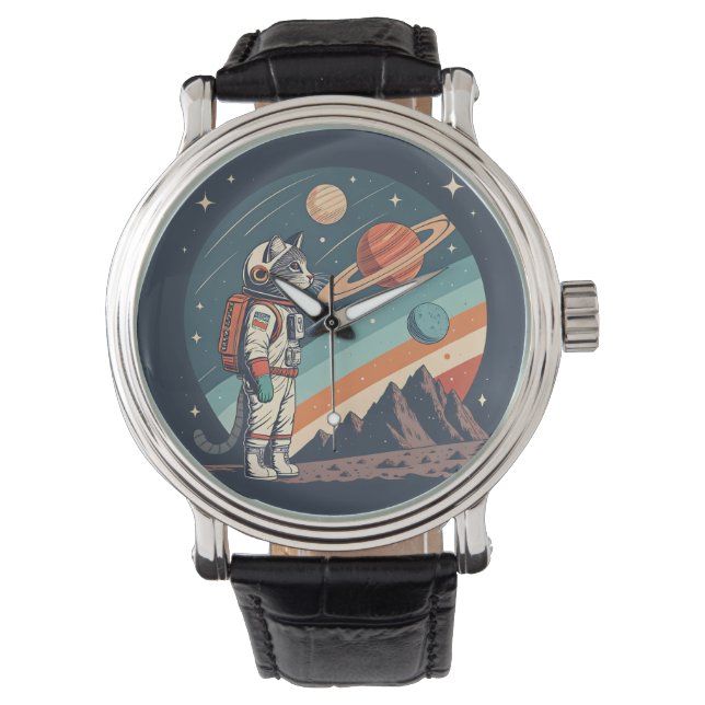 Retro kat astronaut kosmische ruimte illustratie horloge (Voorkant)