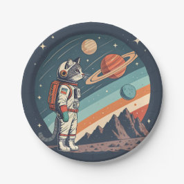 Retro kat astronaut kosmische ruimte illustratie papieren bordje