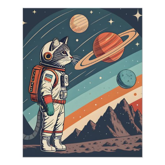 Retro kat astronaut kosmische ruimte illustratie perfect poster (Voorkant)