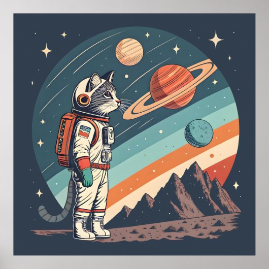 Retro kat astronaut kosmische ruimte illustratie poster (Voorkant)