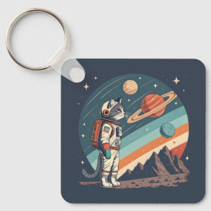 Retro kat astronaut kosmische ruimte illustratie sleutelhanger