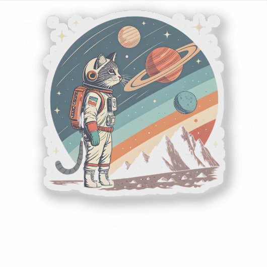 Retro kat astronaut kosmische ruimte illustratie sticker (Voorkant)