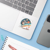 Retro kat astronaut kosmische ruimte illustratie sticker (Laptop met iPhone)