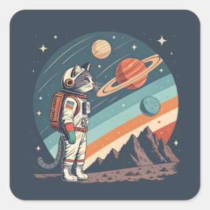 Retro kat astronaut kosmische ruimte illustratie vierkante sticker