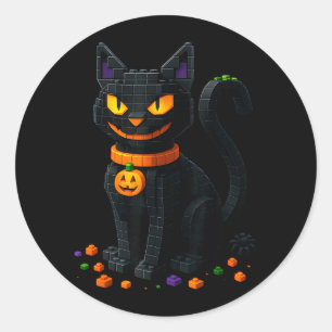 Retro Kat Blokken Halloween Zwarte Kat Ronde Sticker