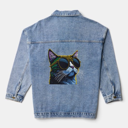 Retro Kat: Charme van Gele Bril Denim Jacket (Achterkant)