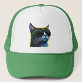 Retro Kat: Charme van Gele Bril Trucker Pet (Voorkant)