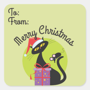 Retro Kat en Muis Kerstcadeau Label