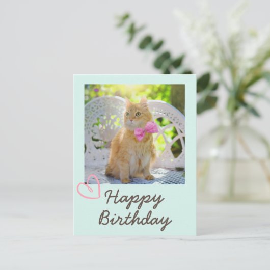 Retro kat in het lint en gelukkige verjaardag  briefkaart (Staand voorkant)
