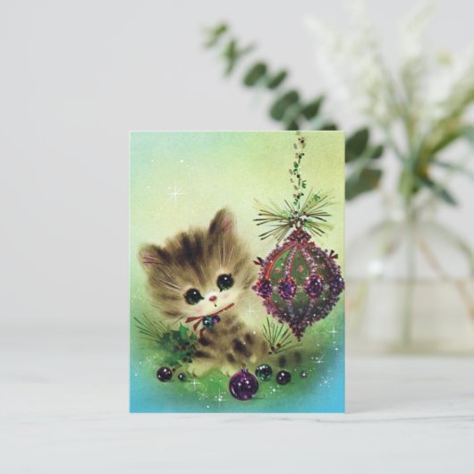  retro kat kerstvakantie briefkaart (Staand voorkant)