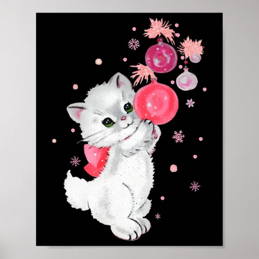 Retro kat kitten speelt met roze kerst ornamen poster (Voorkant)