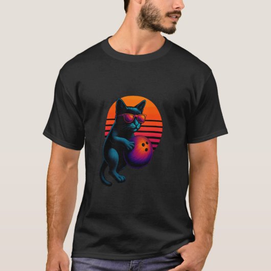 Retro kat met bowlingbal bowlingspeler t-shirt (Voorkant)