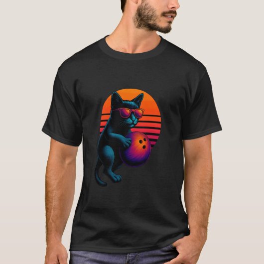 Retro kat met bowlingbal bowlingspeler t-shirt (Voorkant)