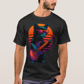 Retro kat met elektrische gitaar rock spelend t-shirt