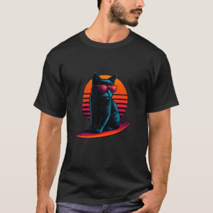 Retro kat met longboard golvende surf surfer t-shirt
