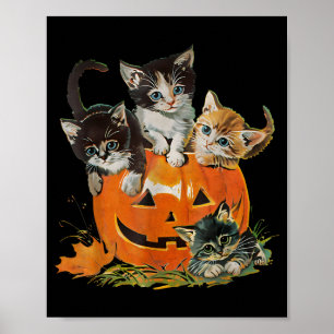 Retro kat pompoen Halloween bloemen uit de jaren 9 Poster