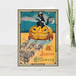Retro kat rijdt pompoen Halloween kaart