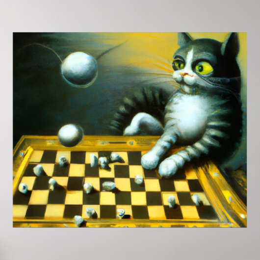 RETRO KAT SPEELT SCHAAK | WHIMSICHE DECORATIE (Voorkant)