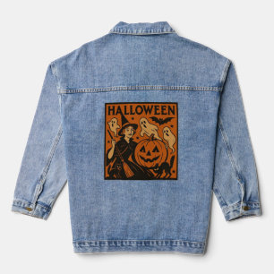 /retro kat, spook, pompoen & heks denim jacket