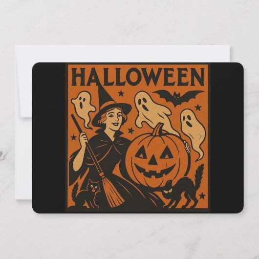 /retro kat, spook, pompoen & heks kaart (Voorkant)