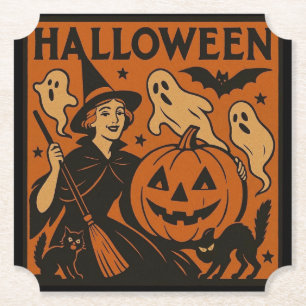 /retro kat, spook, pompoen & heks kartonnen onderzetters
