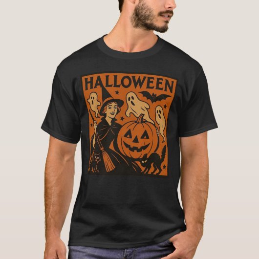 /retro kat, spook, pompoen & heks t-shirt (Voorkant)