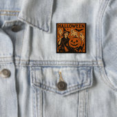 /retro kat, spook, pompoen & heks vierkante button 5,1 cm (In situ)