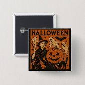 /retro kat, spook, pompoen & heks vierkante button 5,1 cm (Voorkant /achterkant)
