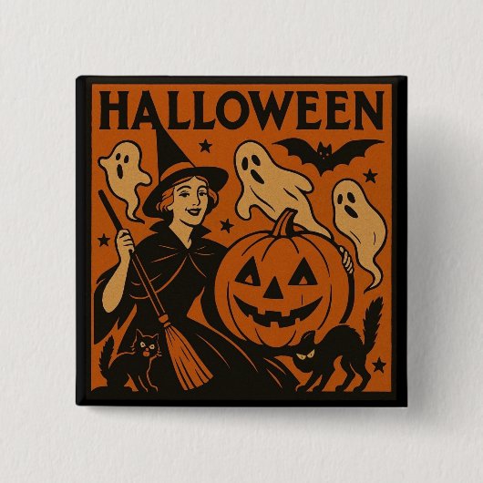 /retro kat, spook, pompoen & heks vierkante button 5,1 cm (Voorkant)