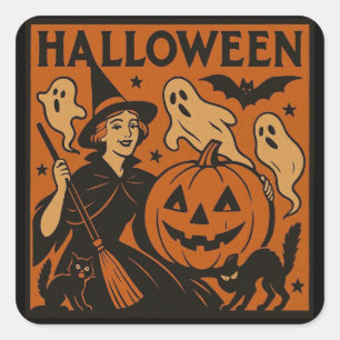 /retro kat, spook, pompoen & heks vierkante sticker