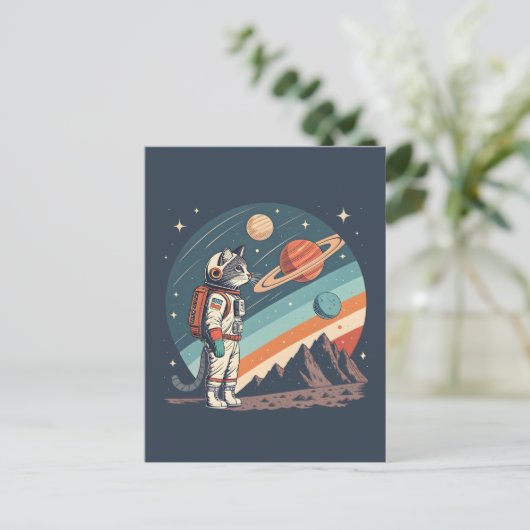 Retro Kattaan Astronaut Kosmische Ruimte Illustrat Briefkaart (Staand voorkant)