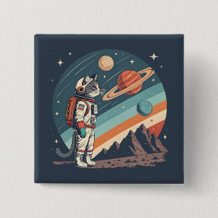 Retro Kattaan Astronaut Kosmische Ruimte Illustrat Vierkante Button 5,1 Cm