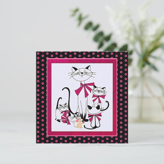 Retro Kattenfamilie en Muis Feestdagenkaart (Staand voorkant)