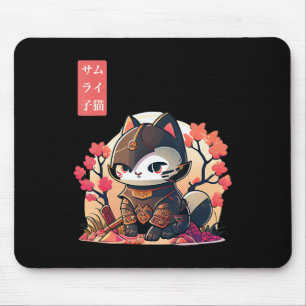 Retro Kawaii Samurai Cat met Cherry Blossom Tree Muismat