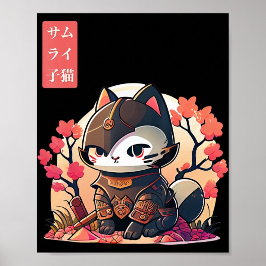 Retro Kawaii Samurai Cat met Cherry Blossom Tree Poster (Voorkant)