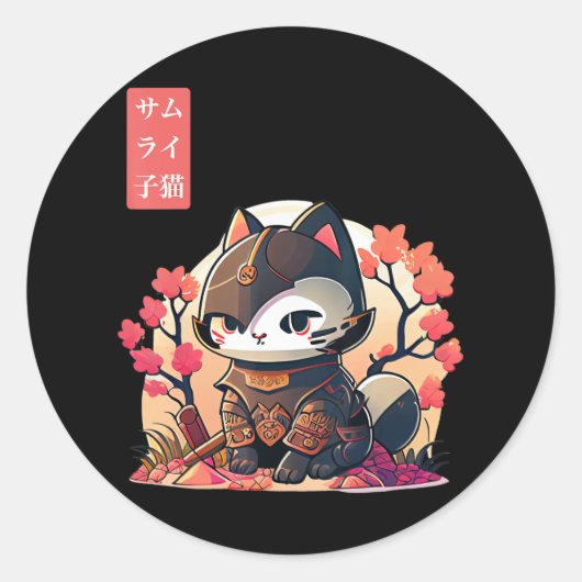 Retro Kawaii Samurai Cat met Cherry Blossom Tree Ronde Sticker (Voorkant)