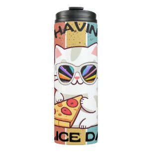 Retro Kawaii schattige kat eten pizza Thermosbeker