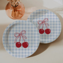 Retro Kersen Blauw Gingham Verjaardag