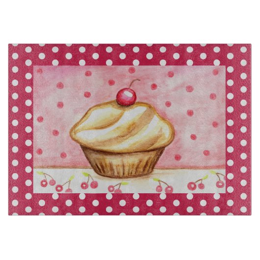 Retro Kersen Cupcake Keuken Snijplank Cadeau (Voorkant)