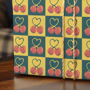 Retro Kersen Hartvormige Stelen Turquoise Mosterd Cadeaupapier