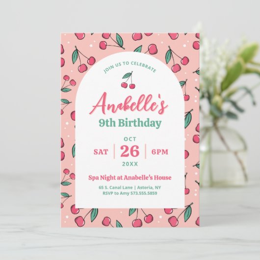 Retro Kersen Meisjes Verjaardagsfeest Kaart (Staand voorkant)