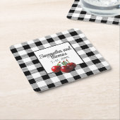 Retro Kersen zwart wit gingham Kartonnen Onderzetters (Schuin)