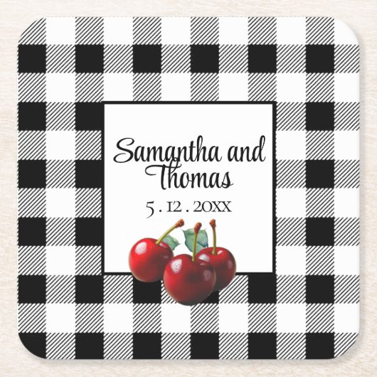 Retro Kersen zwart wit gingham Kartonnen Onderzetters (Voorkant)