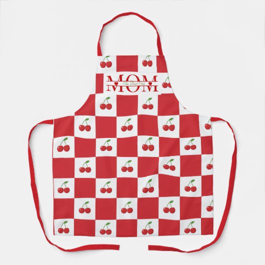 Retro Kersenrood & Wit  Gingham Custom Moeder Schort (Voorkant)