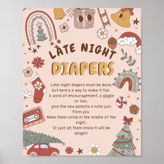 Retro Kerst Baby shower Late Night Luiers Poster (Voorkant)